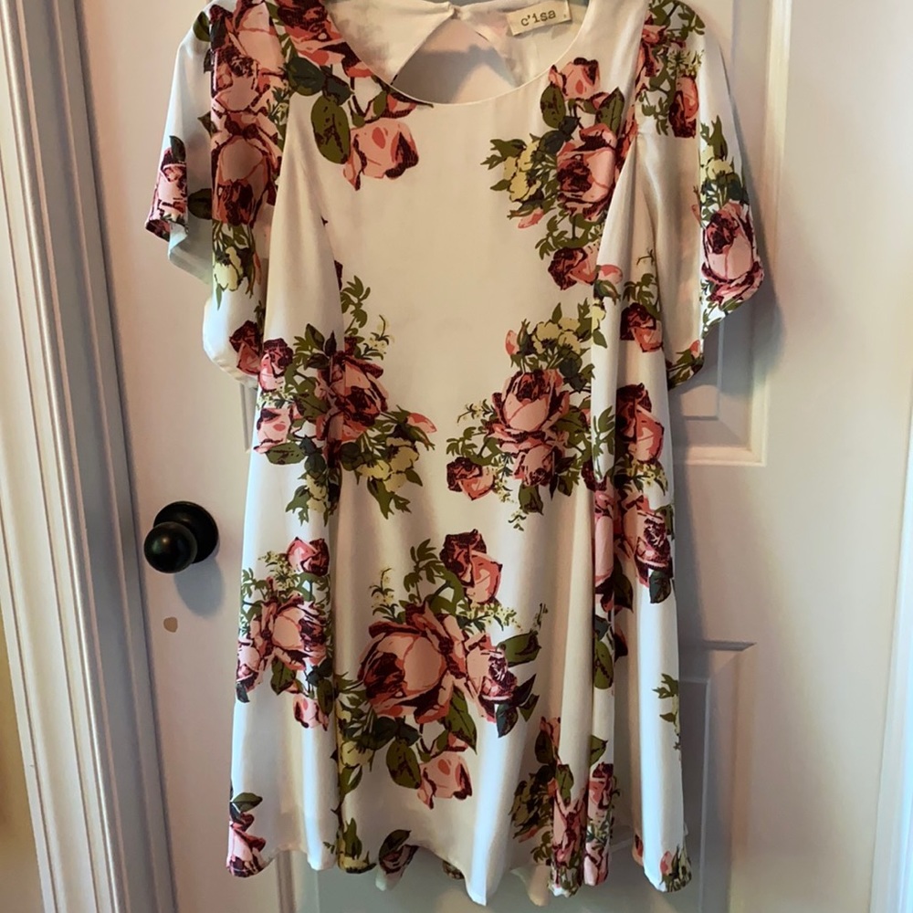 C’isa Open-back Short Sleeve Ivory & Floral Dress